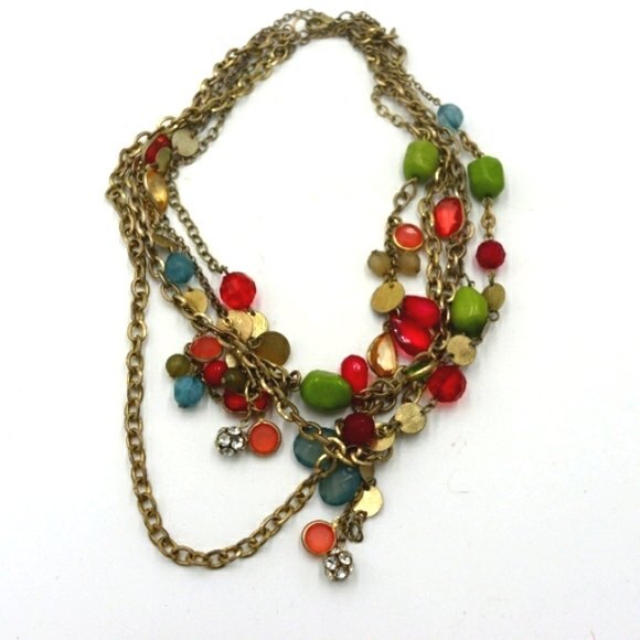 Multi-Strand Colorful Chain Boho Statement Necklace with Stones & Rhinestones - Picture 1 of 10